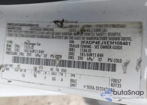 2014 Ford Fiesta Se z USA, uszkodzony, nr VIN 3FADP4EJXEM108481